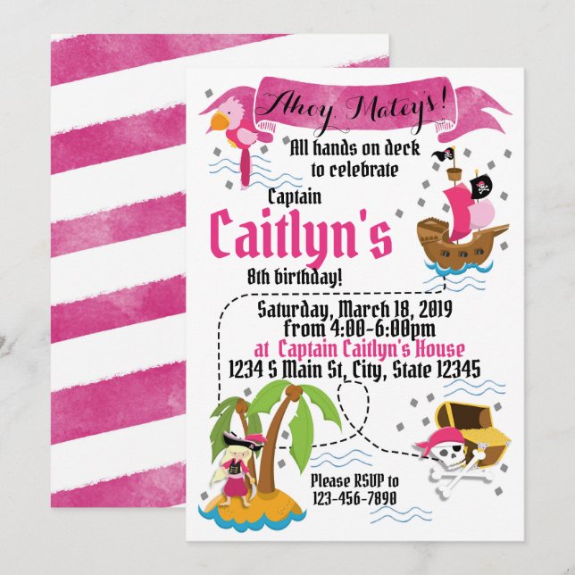 Invitación Cumpleaños del chica Pirata (Anverso / Reverso)