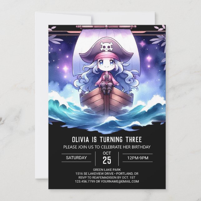 Invitación Cumpleaños del Chica Pirata Oceánico Digital (Anverso)