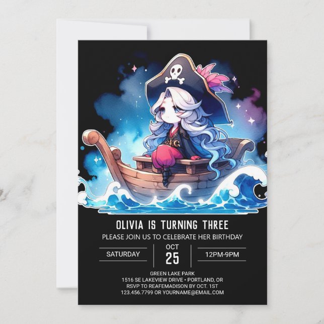 Invitación Cumpleaños del Chica pirata personalizado Whimsy (Anverso)