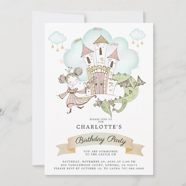 Invitación Cumpleaños del Chica Princess Watercolor (Anverso)