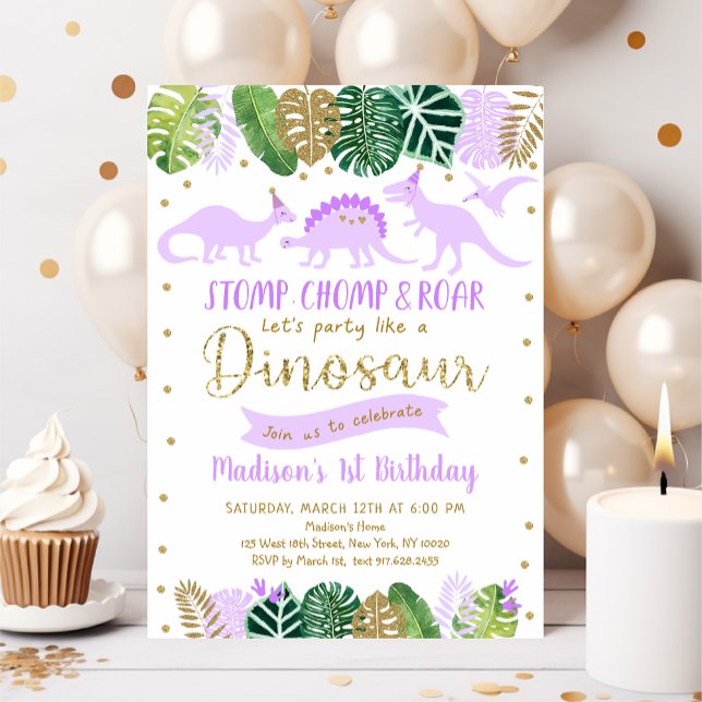 Invitación Cumpleaños del Chica Purple Gold Dinosaur (Subido por el creador)