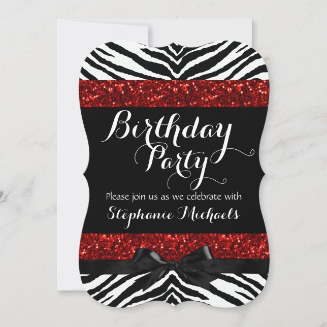 Invitación Cumpleaños del Chica Red Sparkle Zebra (Anverso)