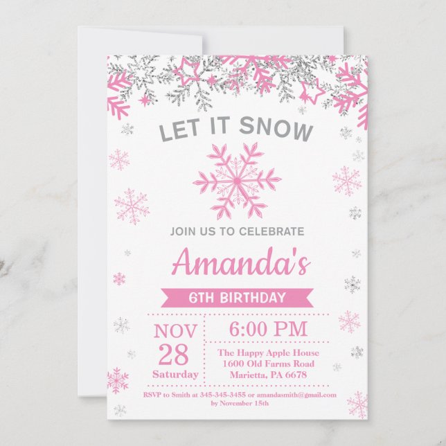 Invitación Cumpleaños del Chica rosado y plateado del copo de (Anverso)