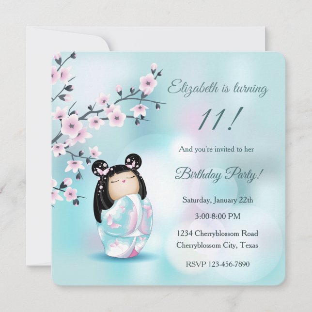 Invitación Cumpleaños del Chica Turquesa Kokeshi Doll (Anverso)