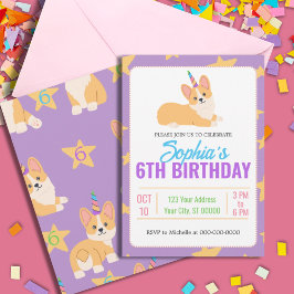 Invitación Cumpleaños del Chica Unicornio, Fiesta Corgi