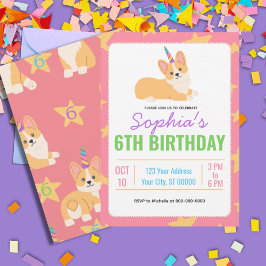 Invitación Cumpleaños del Chica Unicornio, Fiesta Corgi