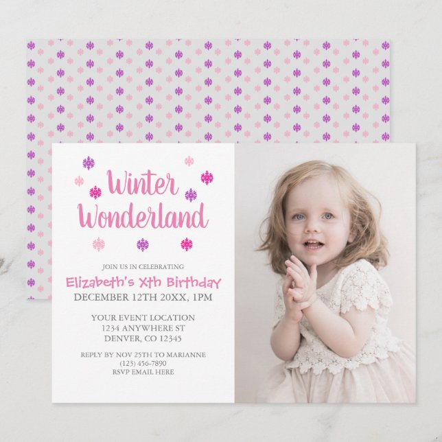 Invitación Cumpleaños del Chica Winter Wonderland (Anverso / Reverso)