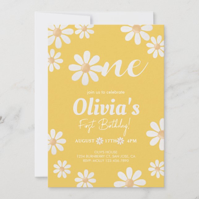 Invitación Cumpleaños del Chica Yellow Daisy (Anverso)