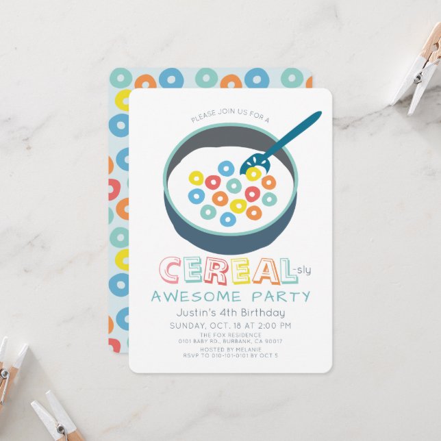 Invitación Cumpleaños del chico de Cereal-sly Increíble Cerea (Anverso/Reverso In Situ)