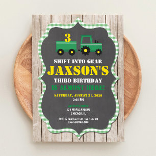 Invitación Cumpleaños del chico de la granja con tractor verd