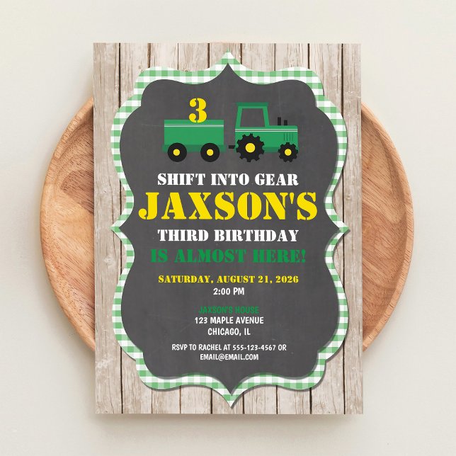 Invitación Cumpleaños del chico de la granja con tractor verd (Subido por el creador)