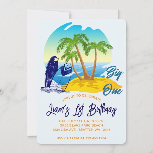 Invitación Cumpleaños del Chico Grande Tema de Playa Nombre P (Anverso)