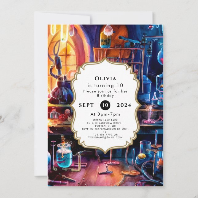 Invitación Cumpleaños del Científico Mágico Infantil Pastel (Anverso)