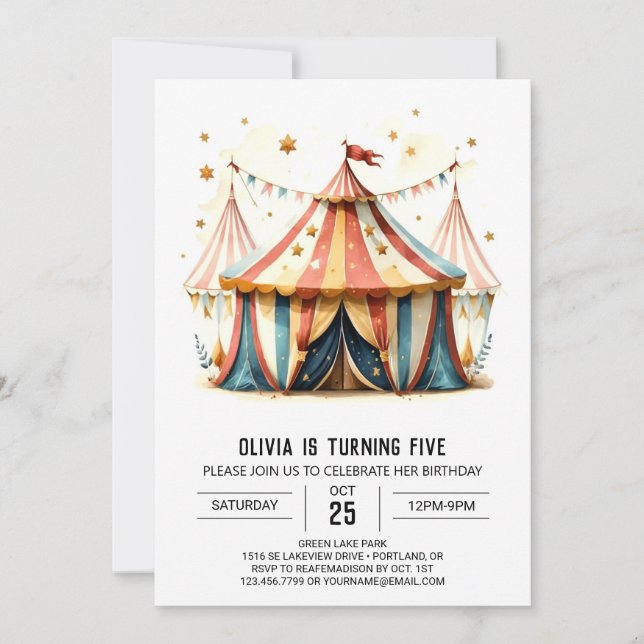 Invitación Cumpleaños del Circo de Tiendas Digitales para Niñ (Anverso)