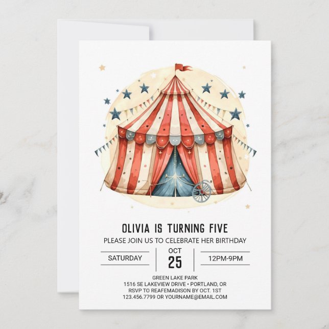 Invitación Cumpleaños del Circo de Tiendas Infantiles Diverti (Anverso)