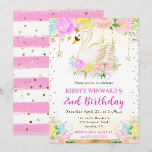 Invitación Cumpleaños del cisne de flores rosadas y amarillas