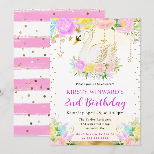 Invitación Cumpleaños del cisne de flores rosadas y amarillas (Anverso / Reverso)