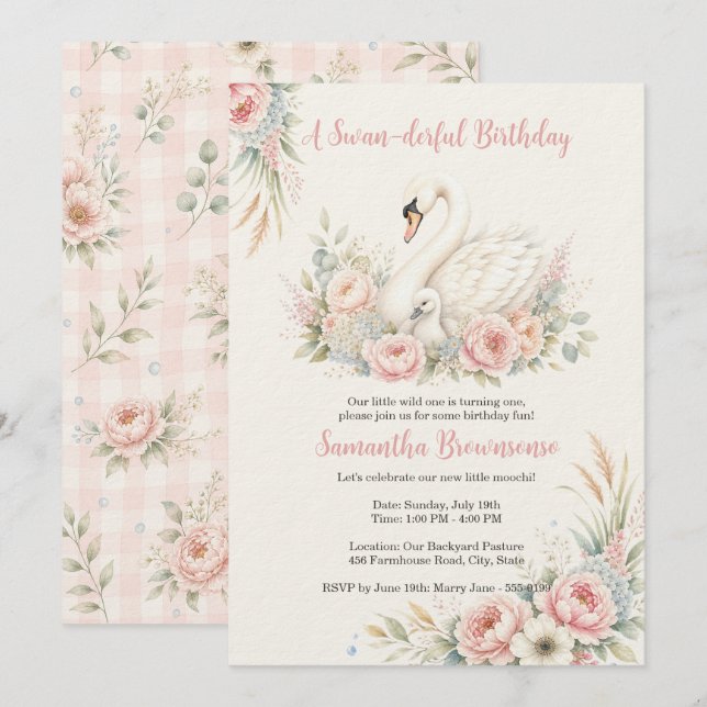 Invitación Cumpleaños del cisne lindo primero (Anverso / Reverso)