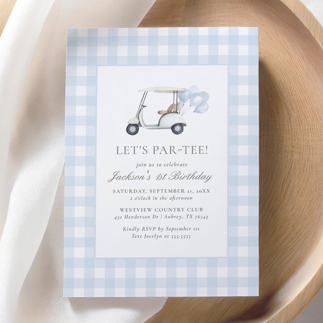 Invitación Cumpleaños del club de golf Blue Gingham (Subido por el creador)