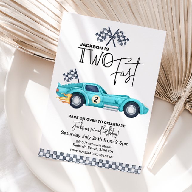 Invitación Cumpleaños del coche de carreras azul DOS RÁPIDO (Two Fast birthday invitation blue vintage race car)