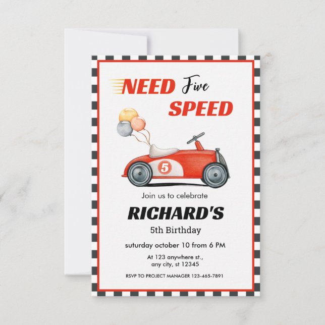 Invitación Cumpleaños del Coche de Raza Roja | Necesidad de c (Anverso)
