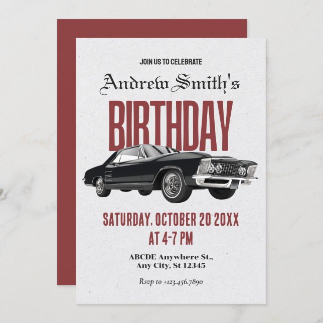 Invitación cumpleaños del coche Retro clásico (Anverso / Reverso)