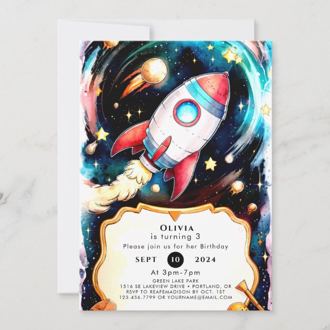 Invitación Cumpleaños del cohete acuático mágico (Anverso)
