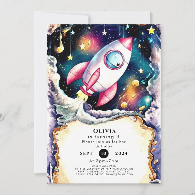 Invitación Cumpleaños del cohete espacial acuarela (Anverso)