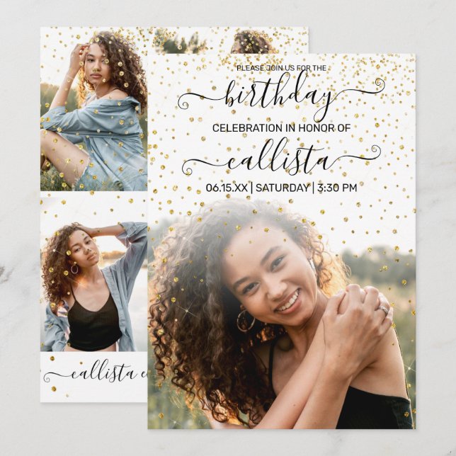 Invitación Cumpleaños del Collage de fotos Confetti de Oro Bl (Anverso / Reverso)