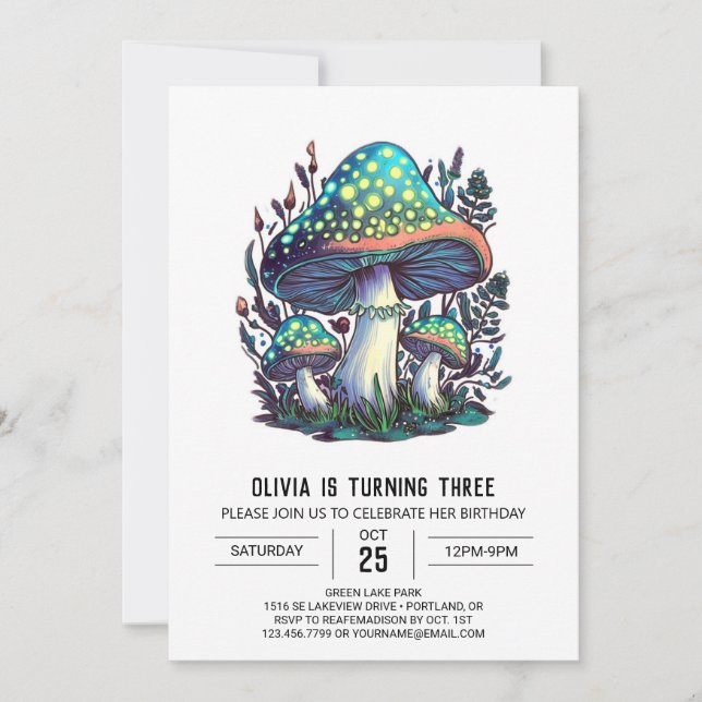 Invitación Cumpleaños del colorido hongo digital Woodland (Anverso)