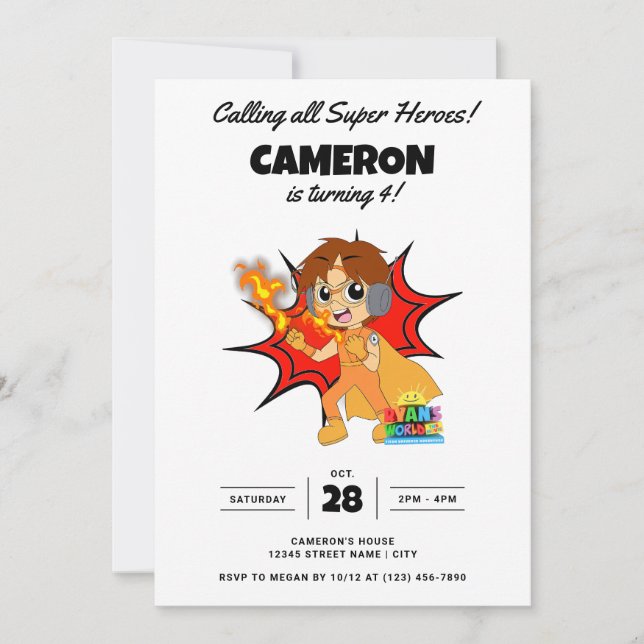 Invitación Cumpleaños del cómic mundial de Ryan (Anverso)