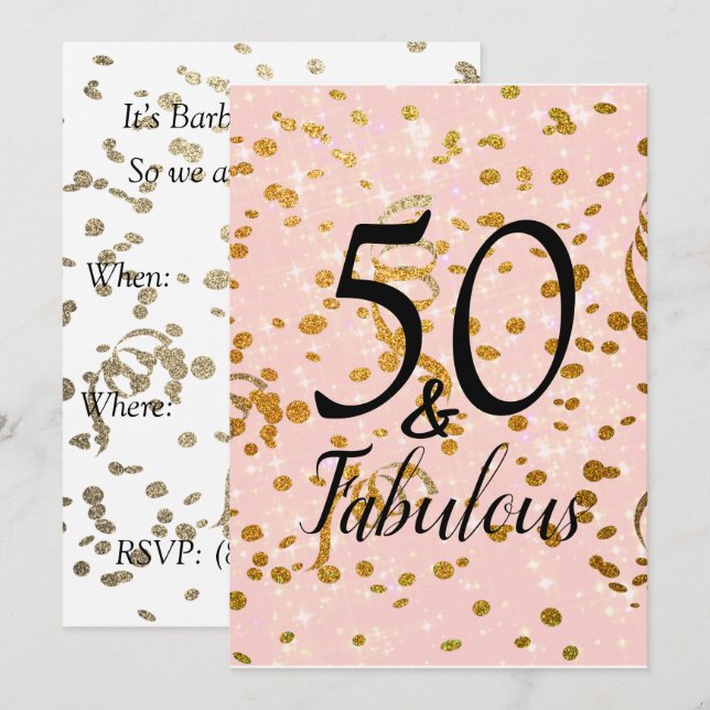 Invitación Cumpleaños del Confeti Rosa y Oro Cincuenta y Fabu (Anverso / Reverso)