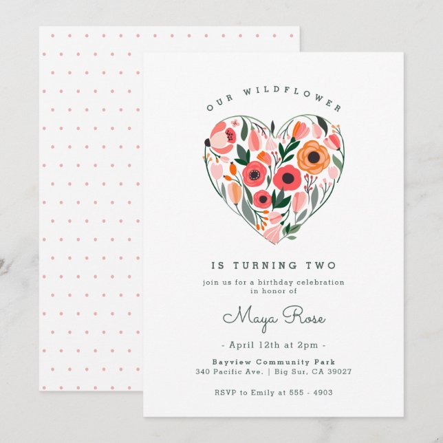 Invitación Cumpleaños del Corazón de Flor Silvestre (Anverso / Reverso)