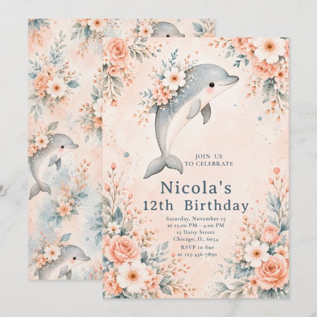 Invitación Cumpleaños del delfín floral (Anverso / Reverso)