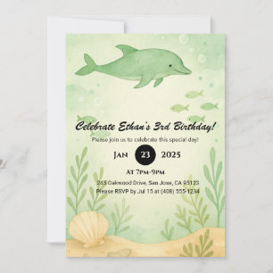 Invitación Cumpleaños del delfín verde y jardín submarino