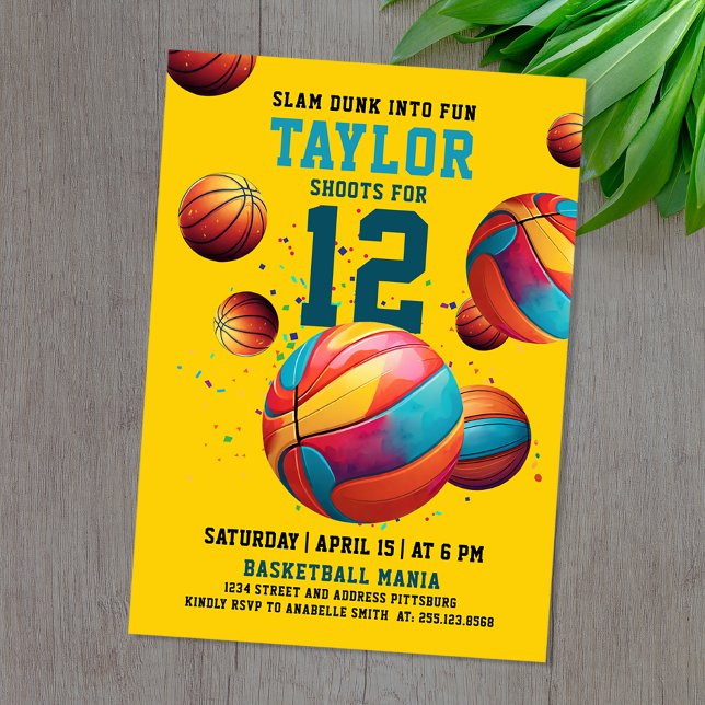 Invitación Cumpleaños del deporte de baloncesto amarillo Guay (Subido por el creador)