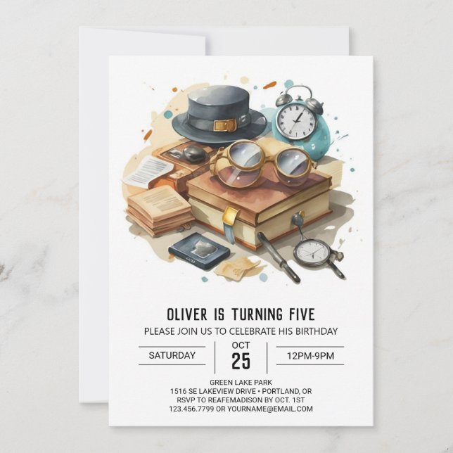 Invitación Cumpleaños del detective Boho Mystery (Anverso)