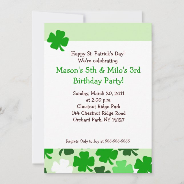 Invitación Cumpleaños del DÍA 5x7 del ST PATRICKS de los (Anverso)