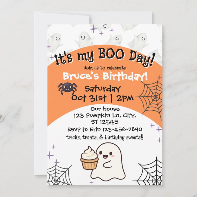 Invitación cumpleaños del día de naranja Boo (Anverso)