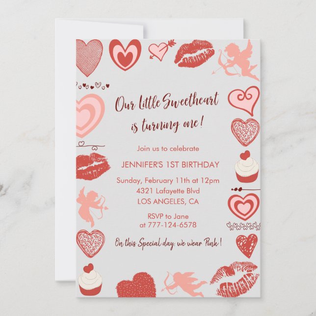Invitación Cumpleaños del día de San Valentín 1er cumpleaños  (Anverso)