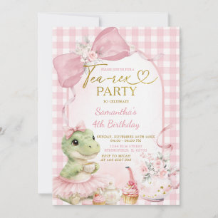 Invitación Cumpleaños del Dino de Té de Cuadros Rosa Rubor