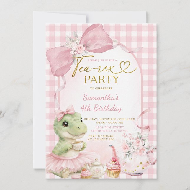 Invitación Cumpleaños del Dino de Té de Cuadros Rosa Rubor (Anverso)