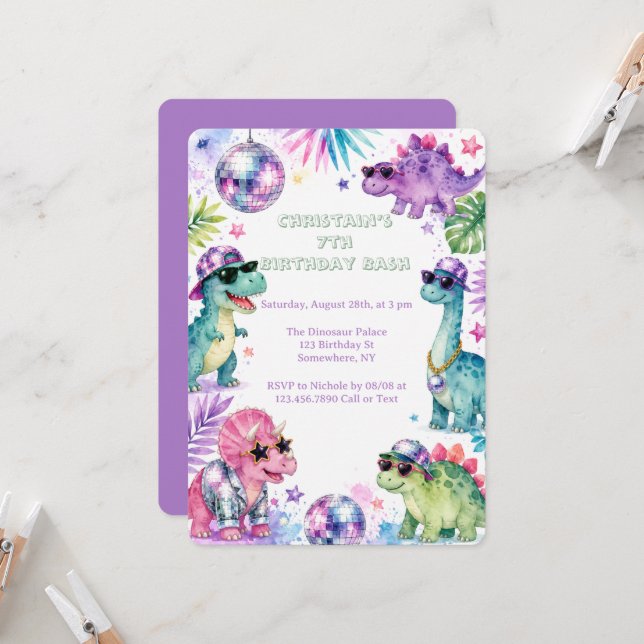Invitación Cumpleaños del Dinosaurio de Disco Acuarela Edad (Anverso/Reverso In Situ)