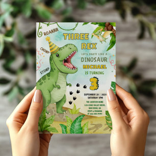 Invitación Cumpleaños del Dinosaurio Jurásico Tres Rex 3