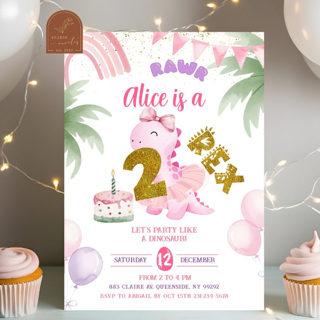Invitación Cumpleaños del dinosaurio pastel rosa 2-rex Rawr (Subido por el creador)
