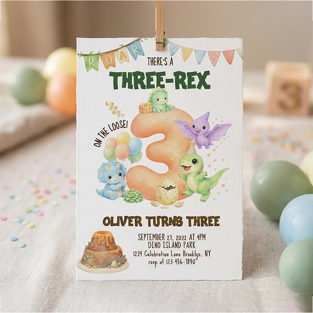 Invitación Cumpleaños del dinosaurio Three-Rex lindo Dino 3 (Subido por el creador)