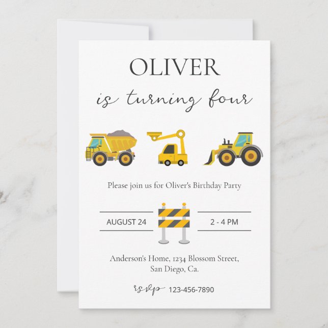 Invitación Cumpleaños del diseño con temas de construcción (Anverso)