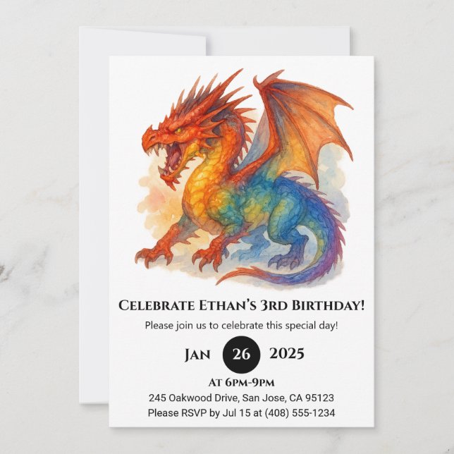 Invitación Cumpleaños del Dragón Arcoíris Rugiente (Anverso)