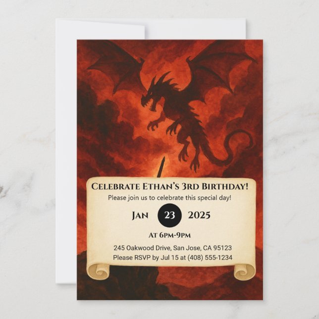 Invitación Cumpleaños del Dragón de Fuego Oscuro (Anverso)