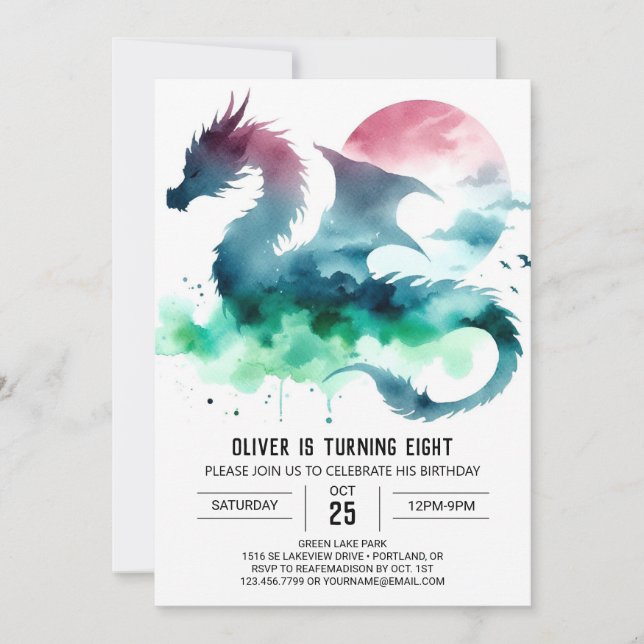 Invitación Cumpleaños del Dragón de mano dibujado (Anverso)
